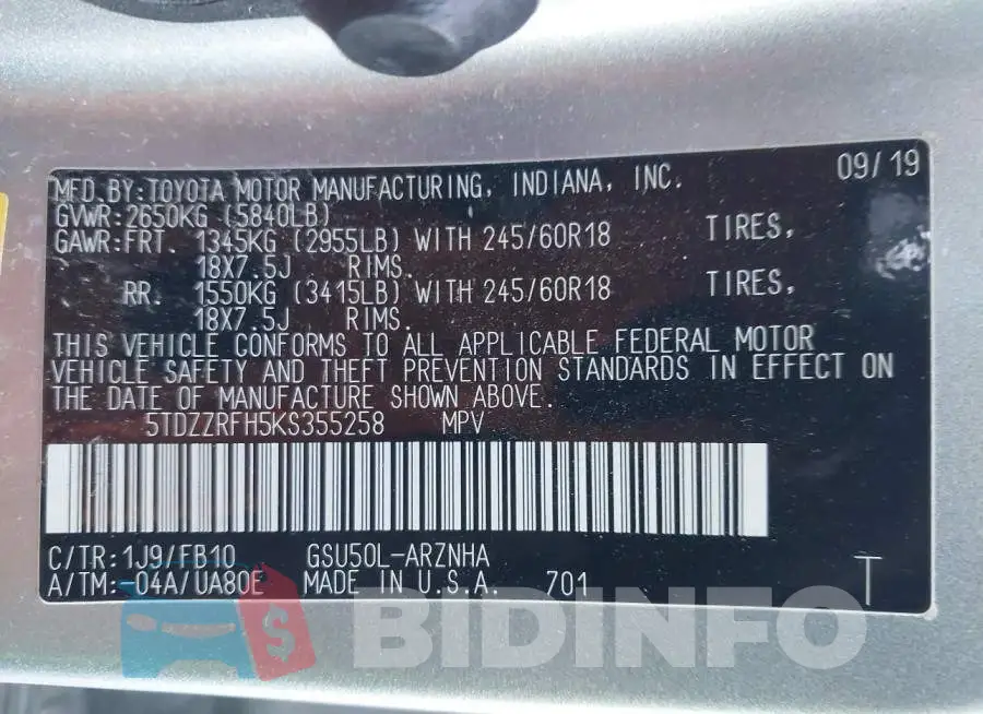5TDZZRFH5KS355258 Photo# 9