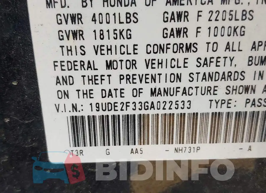 19UDE2F33GA022533 Photo# 9