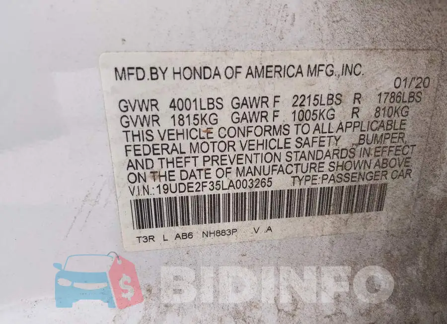 19UDE2F35LA003265 Photo# 9