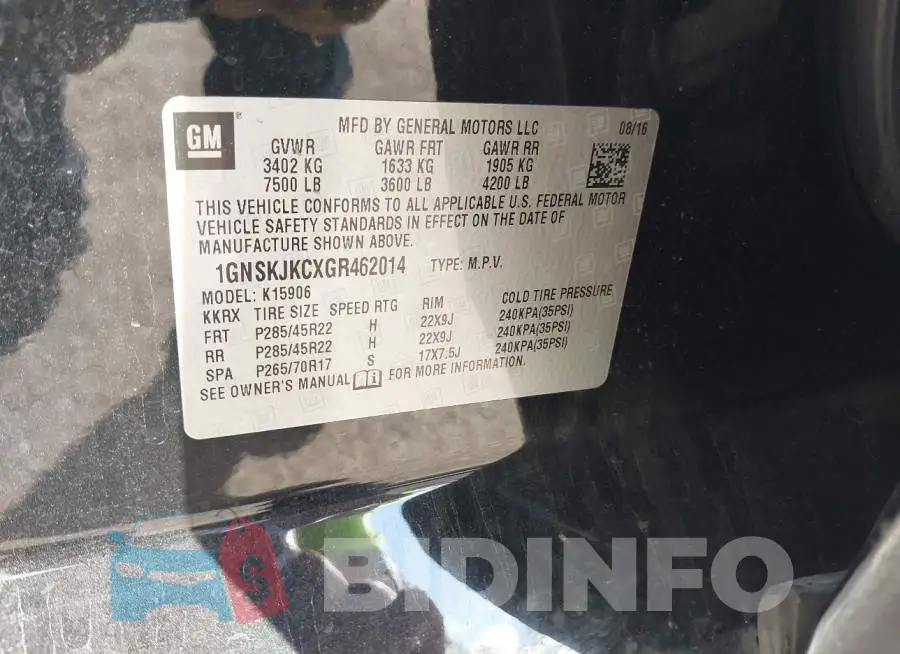 1GNSKJKCXGR462014 Photo# 9