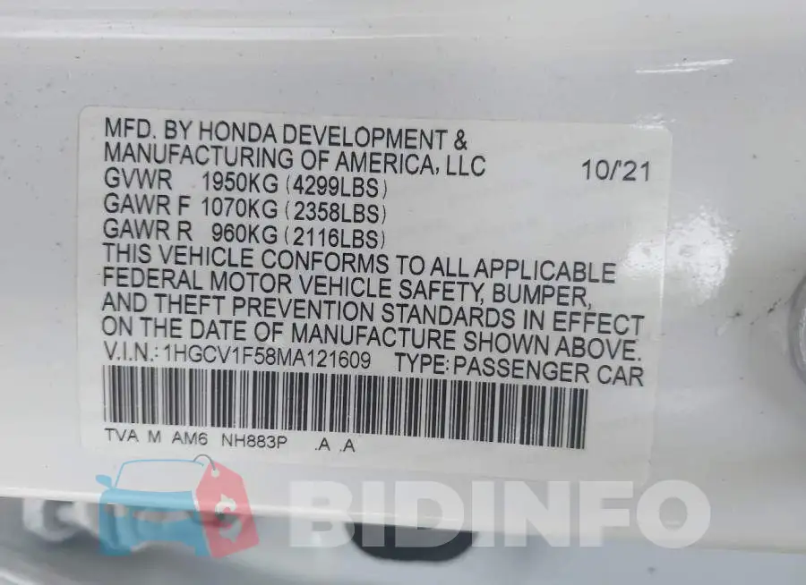 1HGCV1F58MA121609 Photo# 9