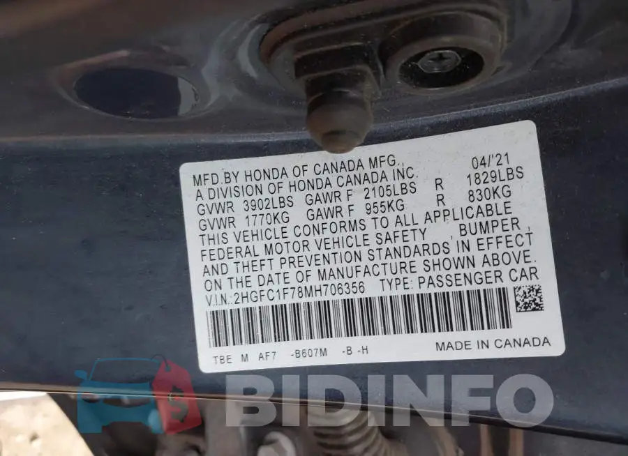 2HGFC1F78MH706356 Photo# 9