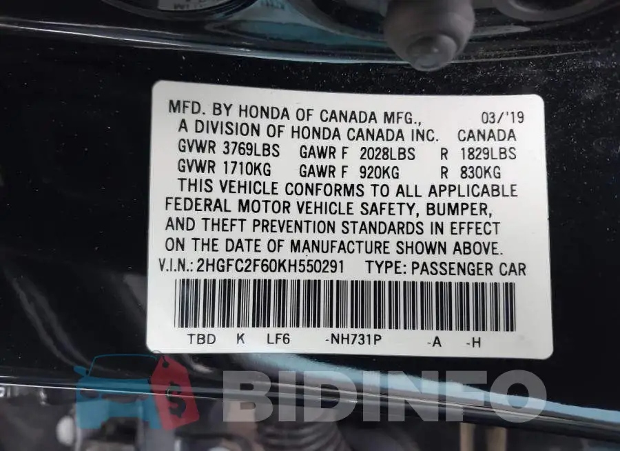 2HGFC2F60KH550291 Photo# 9