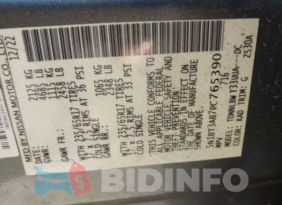 5N1BT3AB7PC765390 Photo# 9