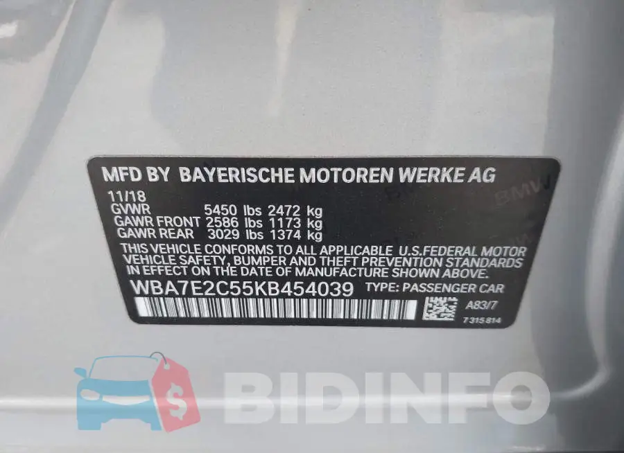 WBA7E2C55KB454039 Photo# 9