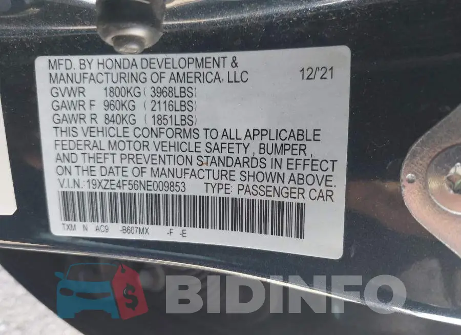 19XZE4F56NE009853 Photo# 9