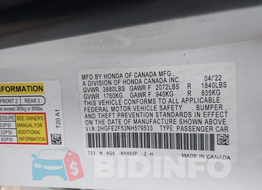 2HGFE2F53NH579533 Photo# 9