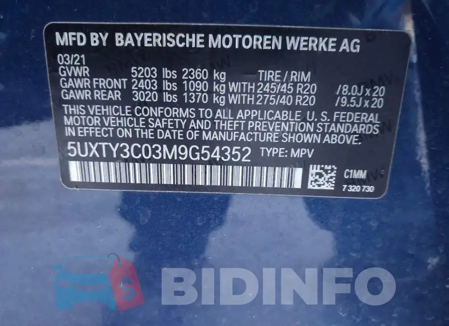 5UXTY3C03M9G54352 Photo# 9