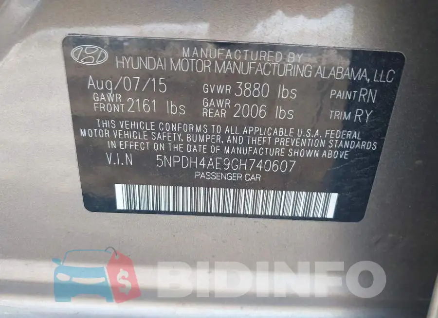5NPDH4AE9GH740607 Photo# 9