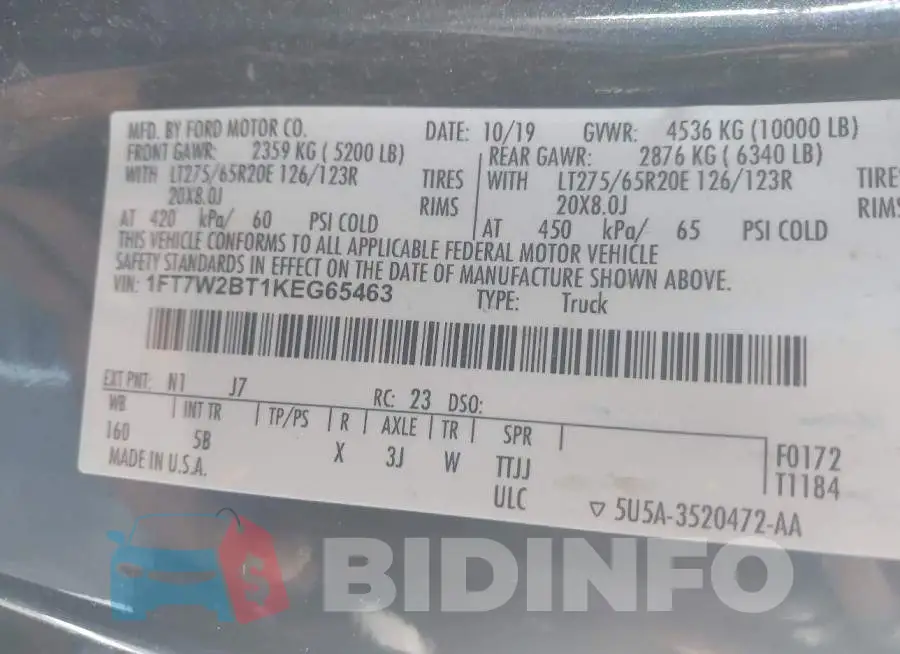 1FT7W2BT1KEG65463 Photo# 9