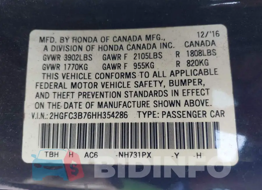 2HGFC3B76HH354286 Photo# 9