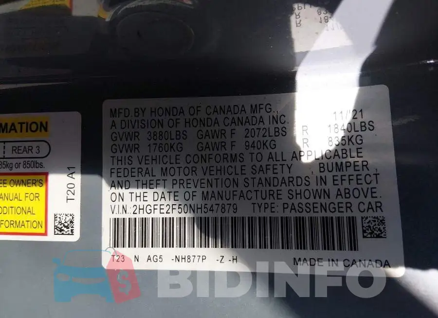 2HGFE2F50NH547879 Photo# 9