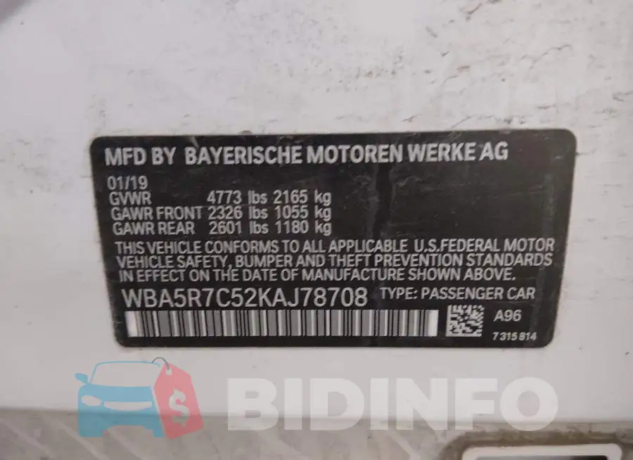 WBA5R7C52KAJ78708 Photo# 9