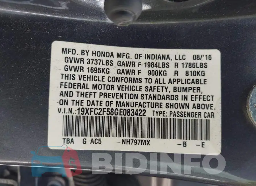 19XFC2F58GE083422 Photo# 9