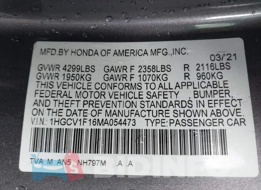 1HGCV1F16MA054473 Photo# 9