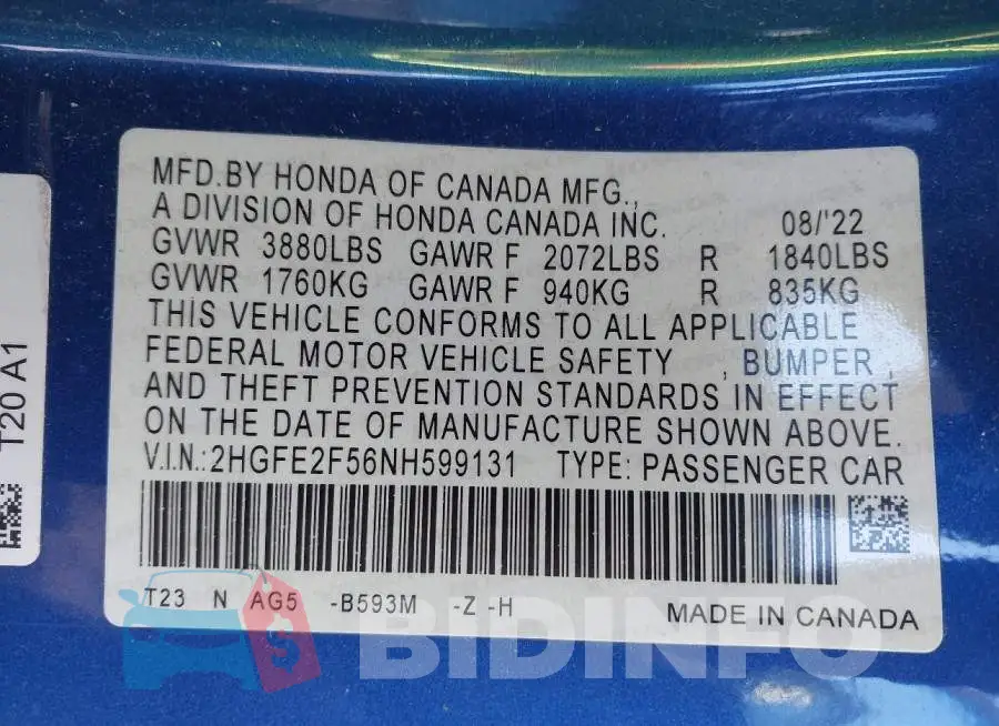 2HGFE2F56NH599131 Photo# 9