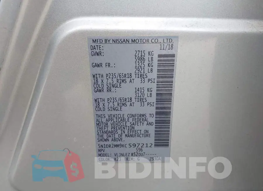5N1DR2MM9KC597212 Photo# 9