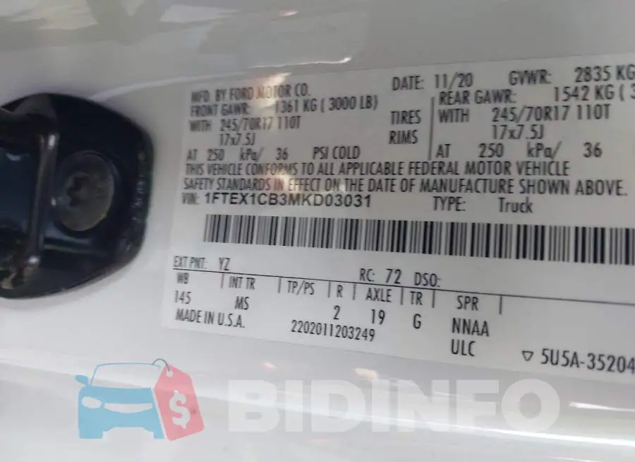 1FTEX1CB3MKD03031 Photo# 9