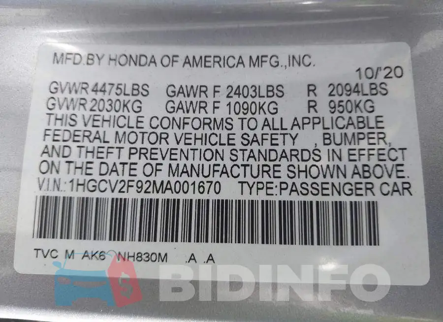 1HGCV2F92MA001670 Photo# 9