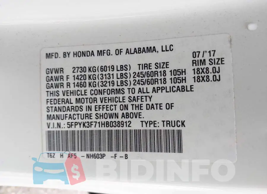 5FPYK3F71HB038912 Photo# 9