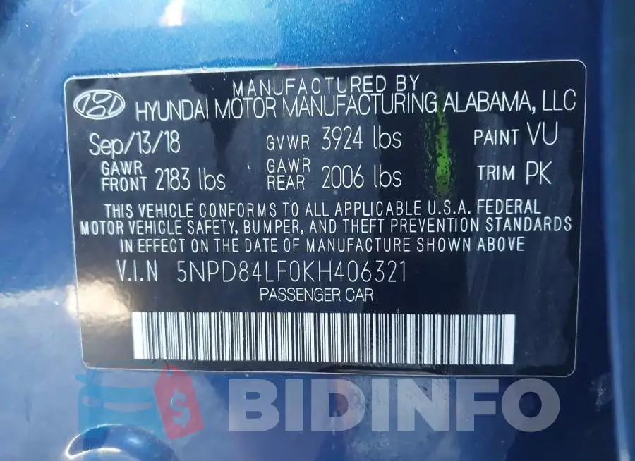 5NPD84LF0KH406321 Photo# 9