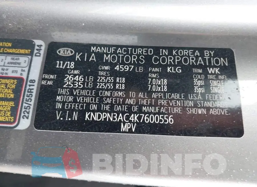 KNDPN3AC4K7600556 Photo# 9