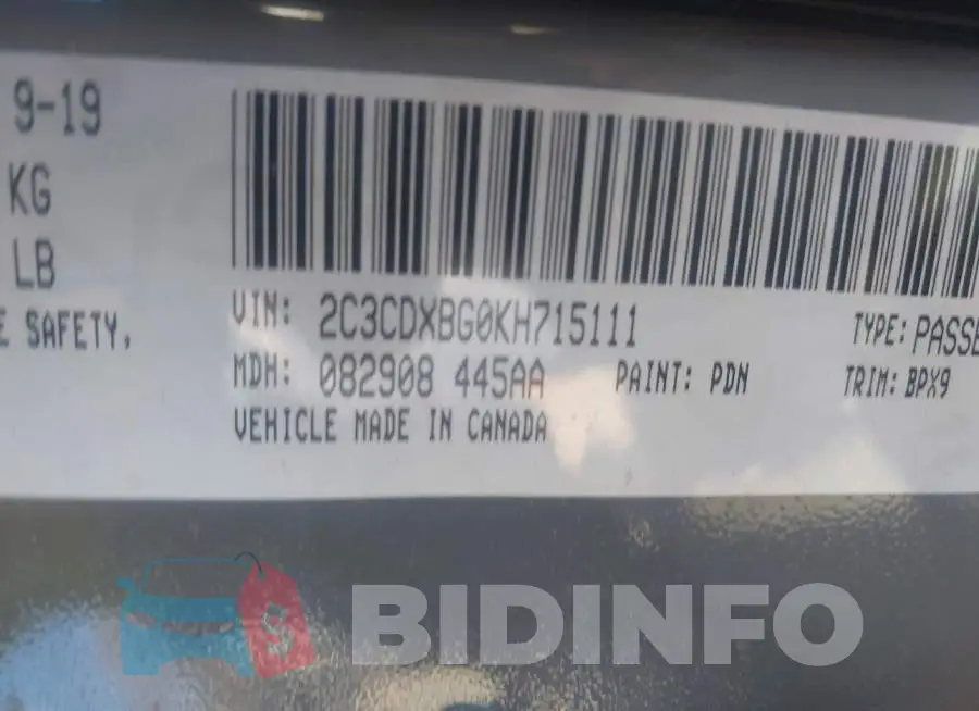 2C3CDXBG0KH715111 Photo# 9