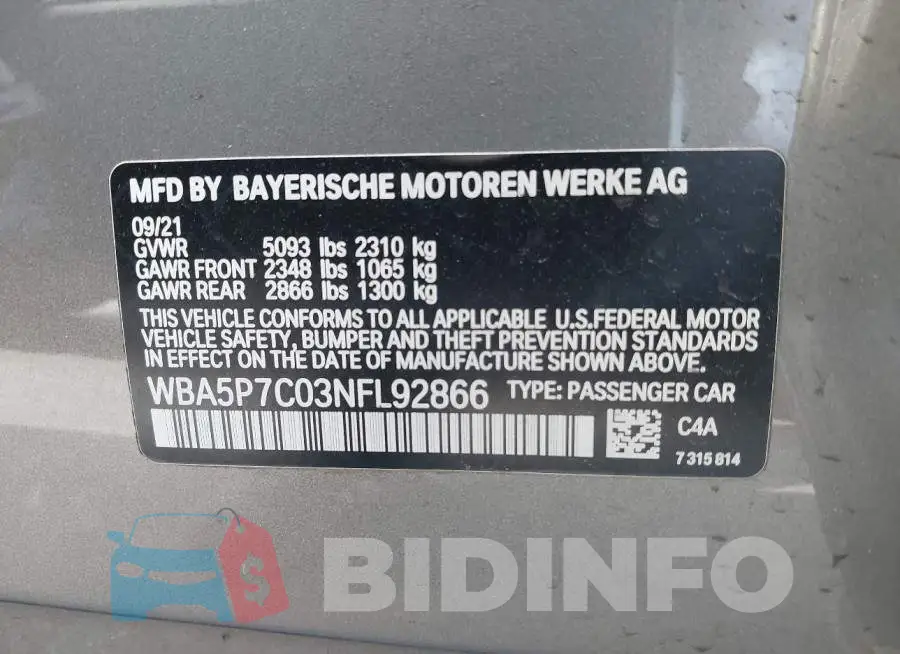 WBA5P7C03NFL92866 Photo# 9