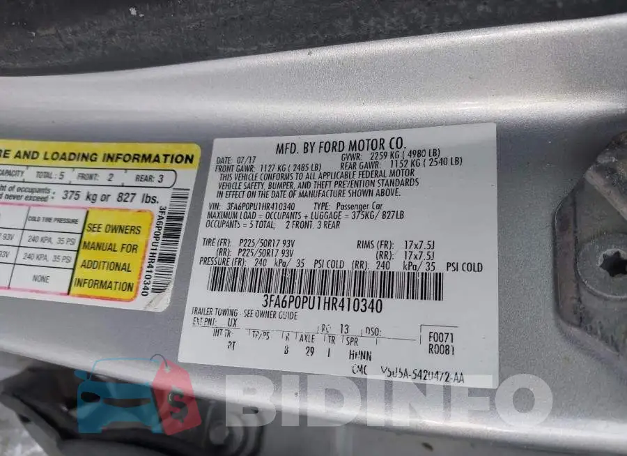 3FA6P0PU1HR410340 Photo# 9