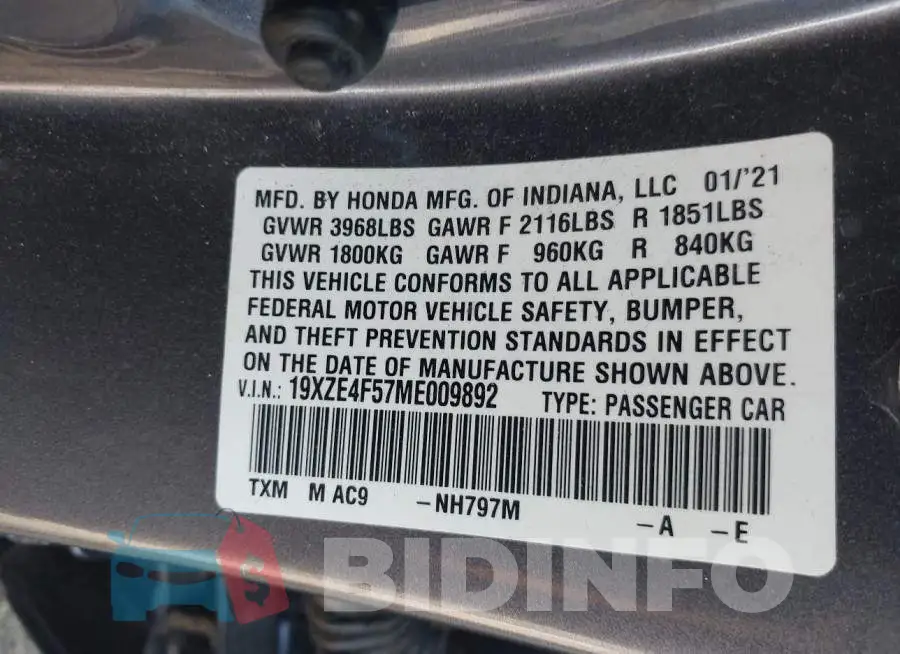 19XZE4F57ME009892 Photo# 9