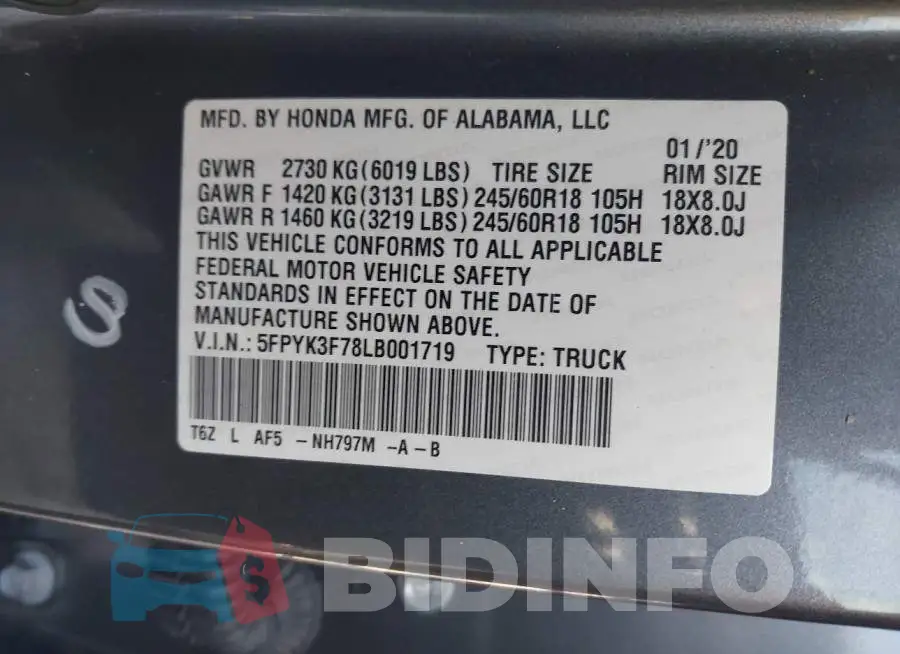5FPYK3F78LB001719 Photo# 9