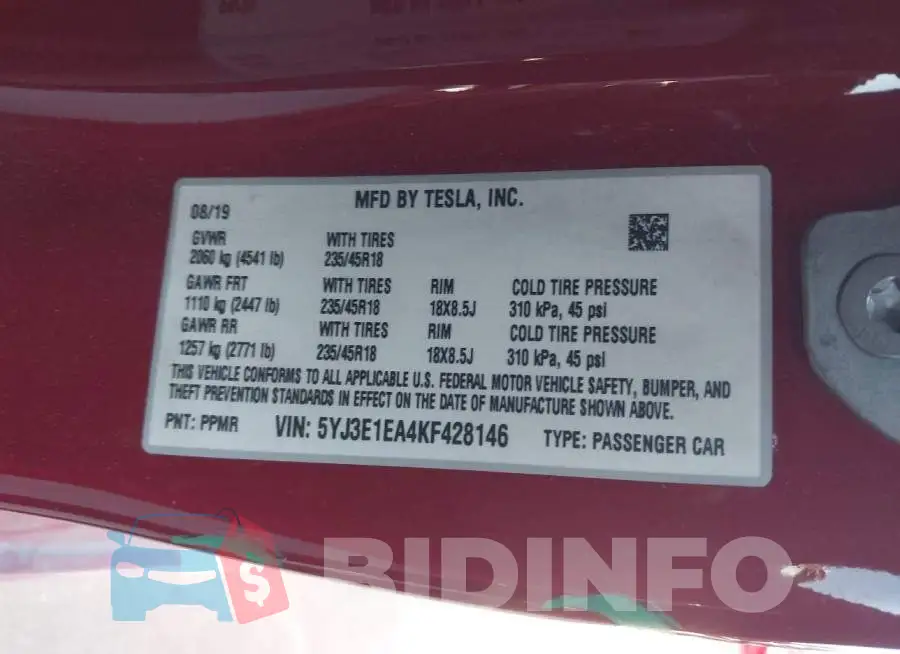 5YJ3E1EA4KF428146 Photo# 9