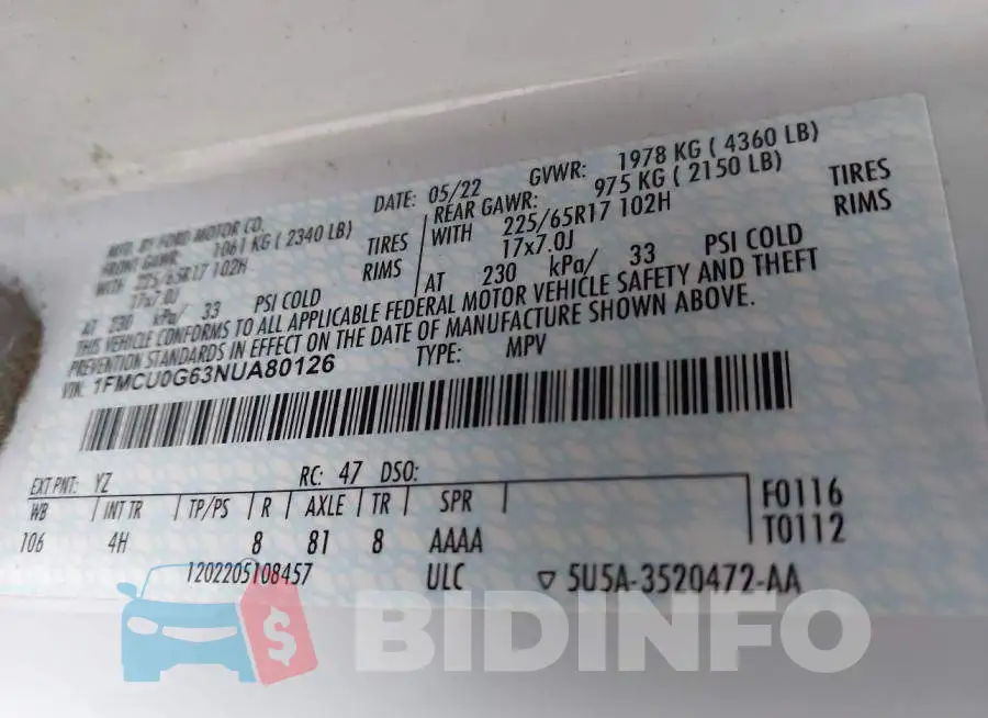 1FMCU0G63NUA80126 Photo# 9