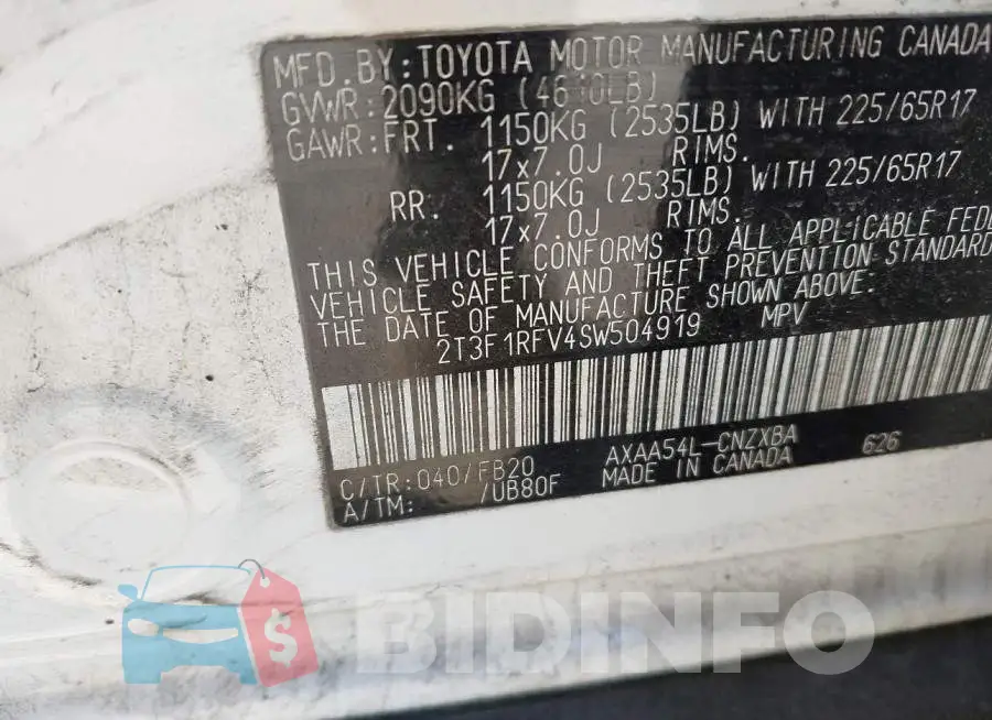 2T3F1RFV4SW504919 Photo# 9