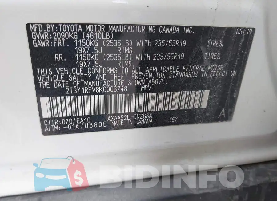 2T3Y1RFV8KC006748 Photo# 9