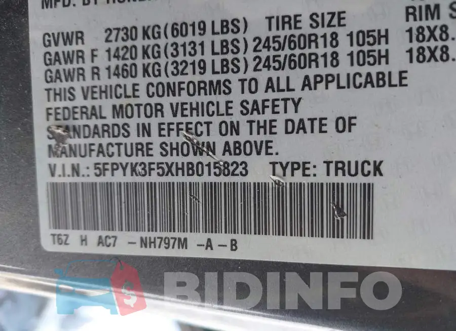 5FPYK3F5XHB015823 Photo# 9