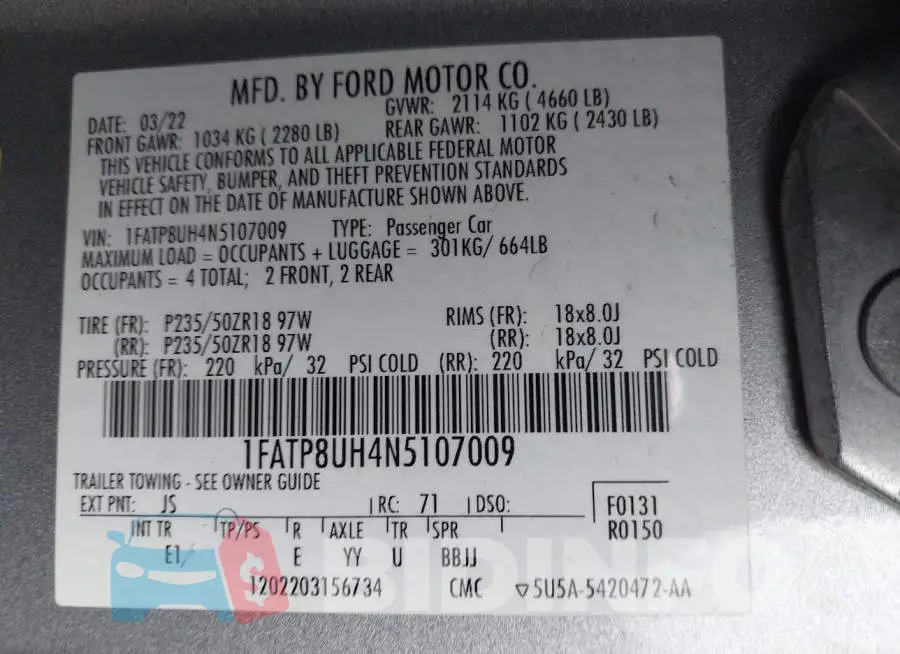 1FATP8UH4N5107009 Photo# 9