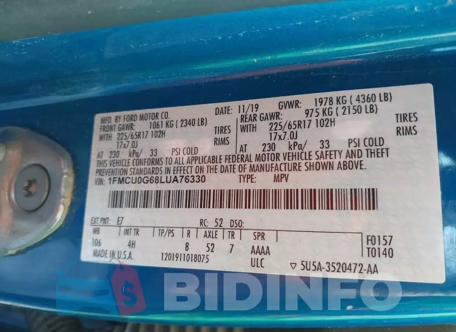 1FMCU0G68LUA76330 Photo# 9