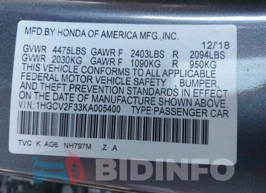 1HGCV2F33KA005400 Photo# 9