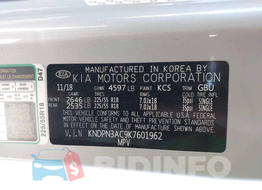 KNDPN3AC9K7601962 Photo# 9