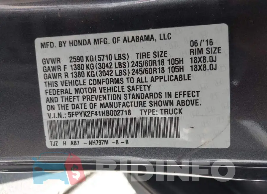 5FPYK2F41HB002718 Photo# 9