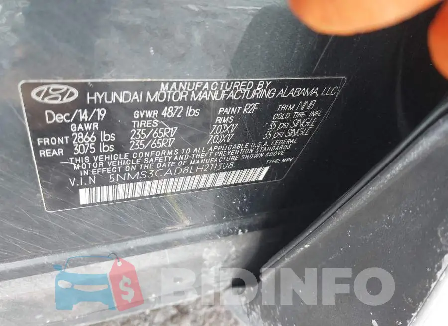 5NMS3CAD8LH211308 Photo# 9