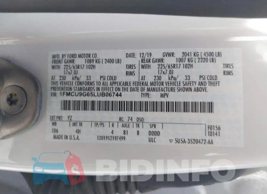 1FMCU9G65LUB06744 Photo# 9