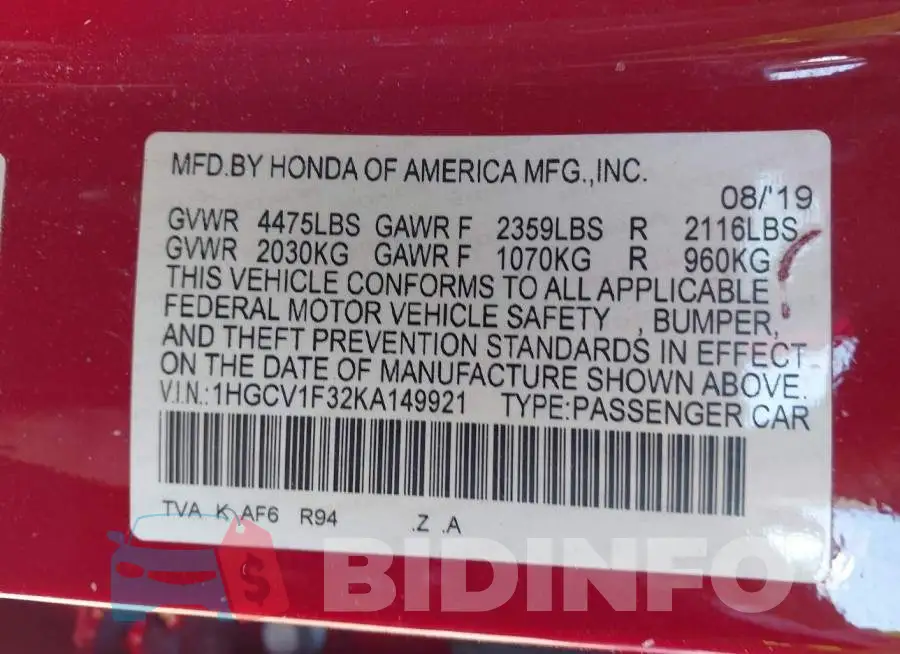 1HGCV1F32KA149921 Photo# 9
