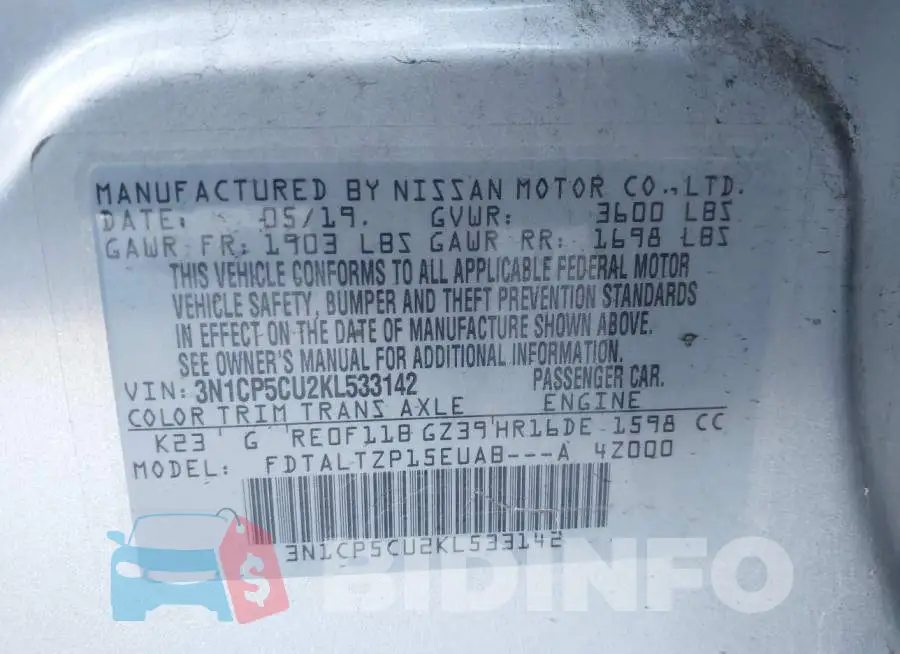 3N1CP5CU2KL533142 Photo# 9