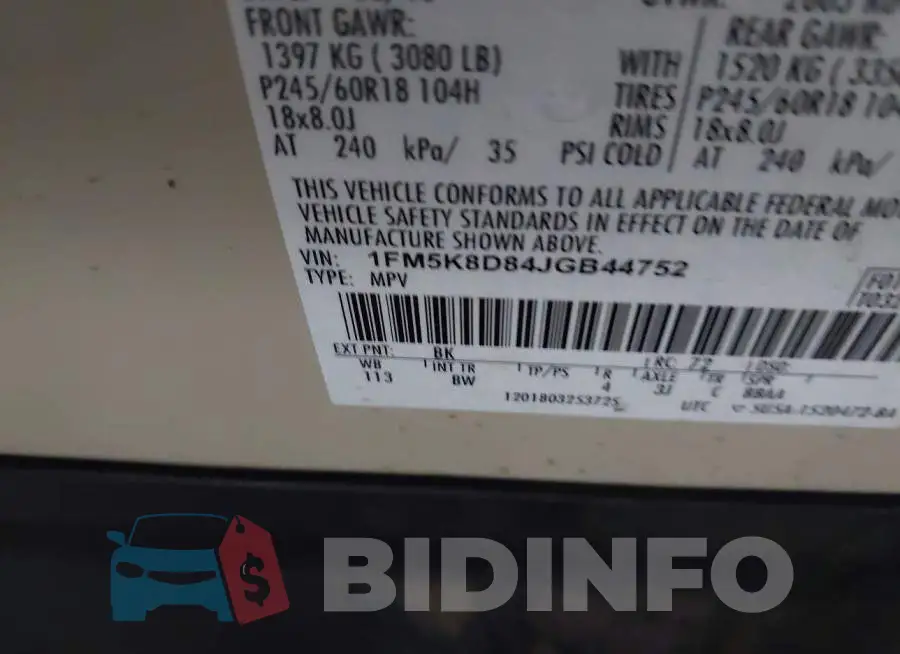 1FM5K8D84JGB44752 Photo# 9