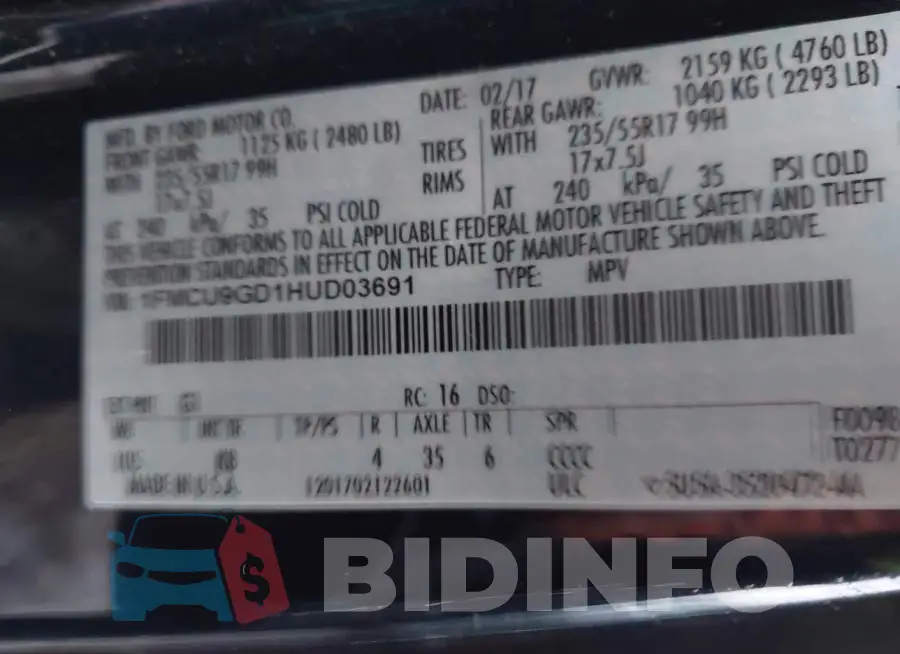 1FMCU9GD1HUD03691 Photo# 9