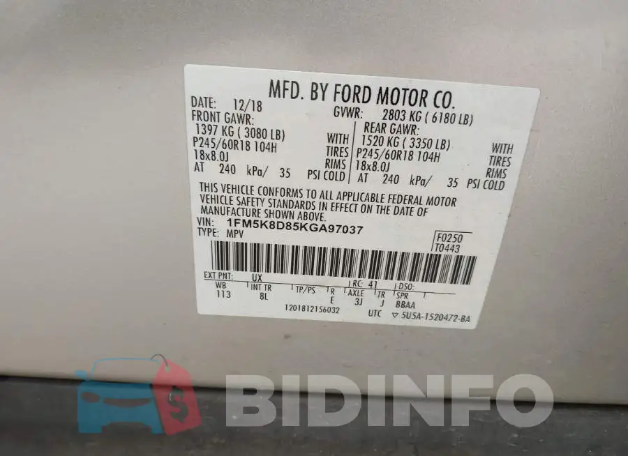 1FM5K8D85KGA97037 Photo# 9