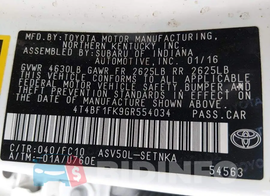 4T4BF1FK9GR554034 Photo# 9