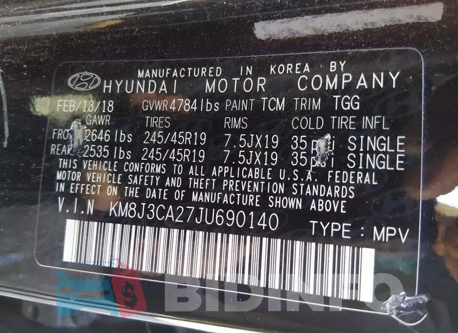 KM8J3CA27JU690140 Photo# 9